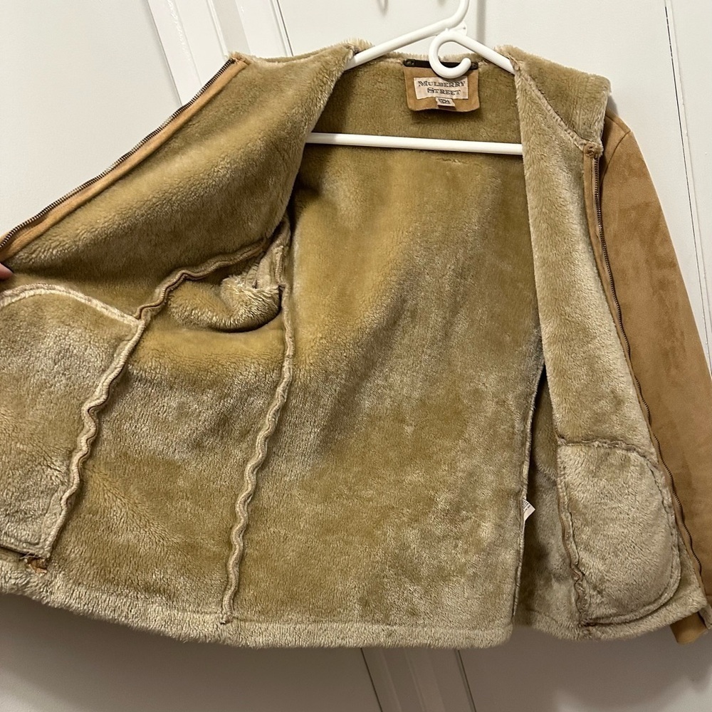 VTG Mulberry Street Coat Jacket S Faux Suede Soft Fur Lined Zip Hooded Camel - Picture 3 of 9